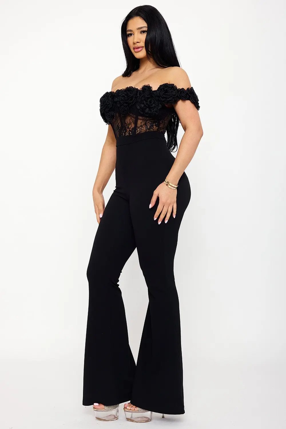 Mesh Rose Jumpsuit – Off Shoulder Lace Sheer Top with Bell Bottom Pants BOUTINIE