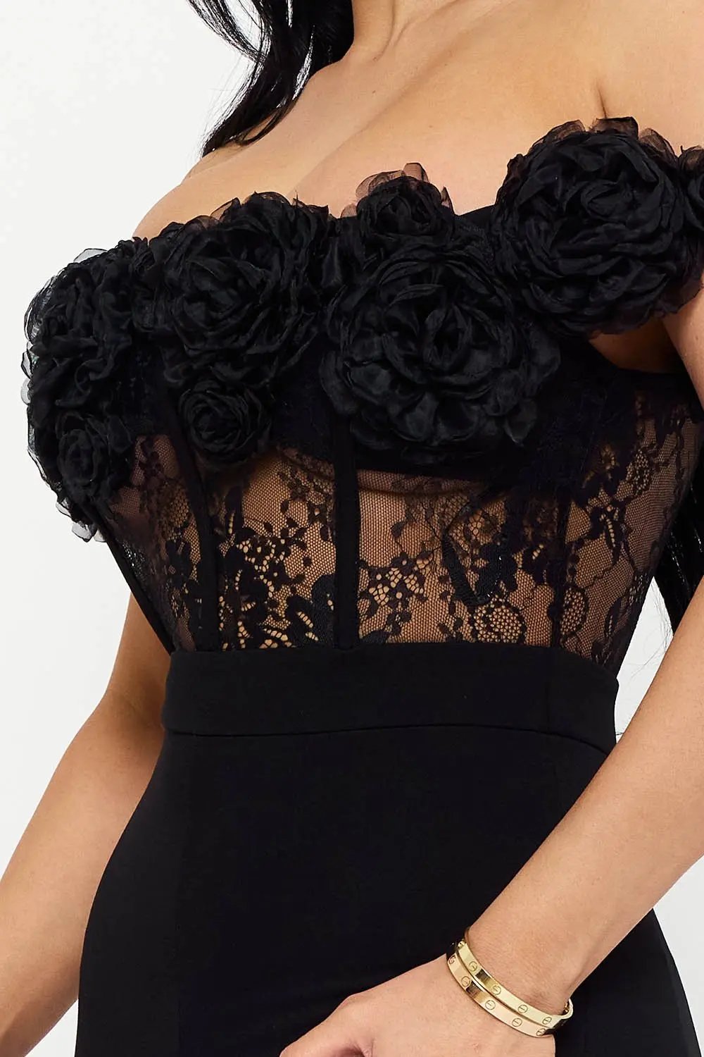 Mesh Rose Jumpsuit – Off Shoulder Lace Sheer Top with Bell Bottom Pants BOUTINIE