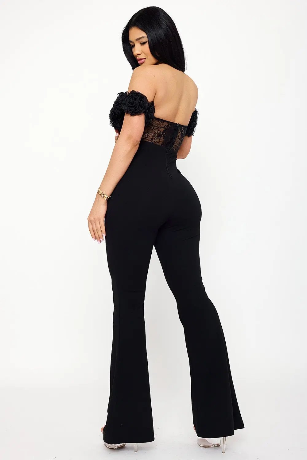 Mesh Rose Jumpsuit – Off Shoulder Lace Sheer Top with Bell Bottom Pants BOUTINIE