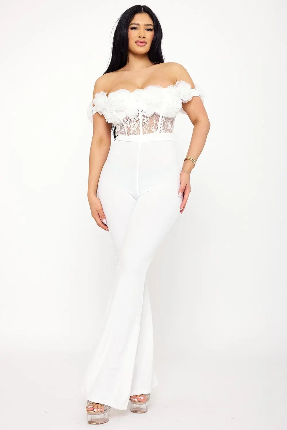 Mesh Rose Jumpsuit – Off Shoulder Lace Sheer Top with Bell Bottom Pants BOUTINIE