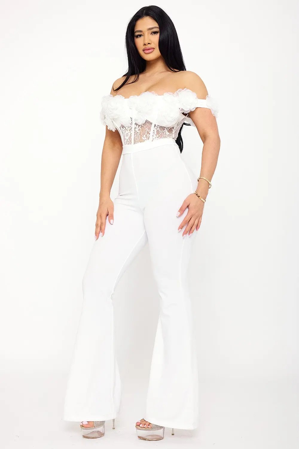Mesh Rose Jumpsuit – Off Shoulder Lace Sheer Top with Bell Bottom Pants BOUTINIE