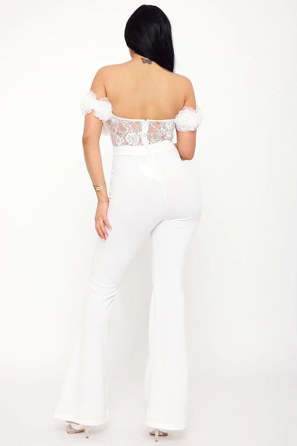 Mesh Rose Jumpsuit – Off Shoulder Lace Sheer Top with Bell Bottom Pants BOUTINIE