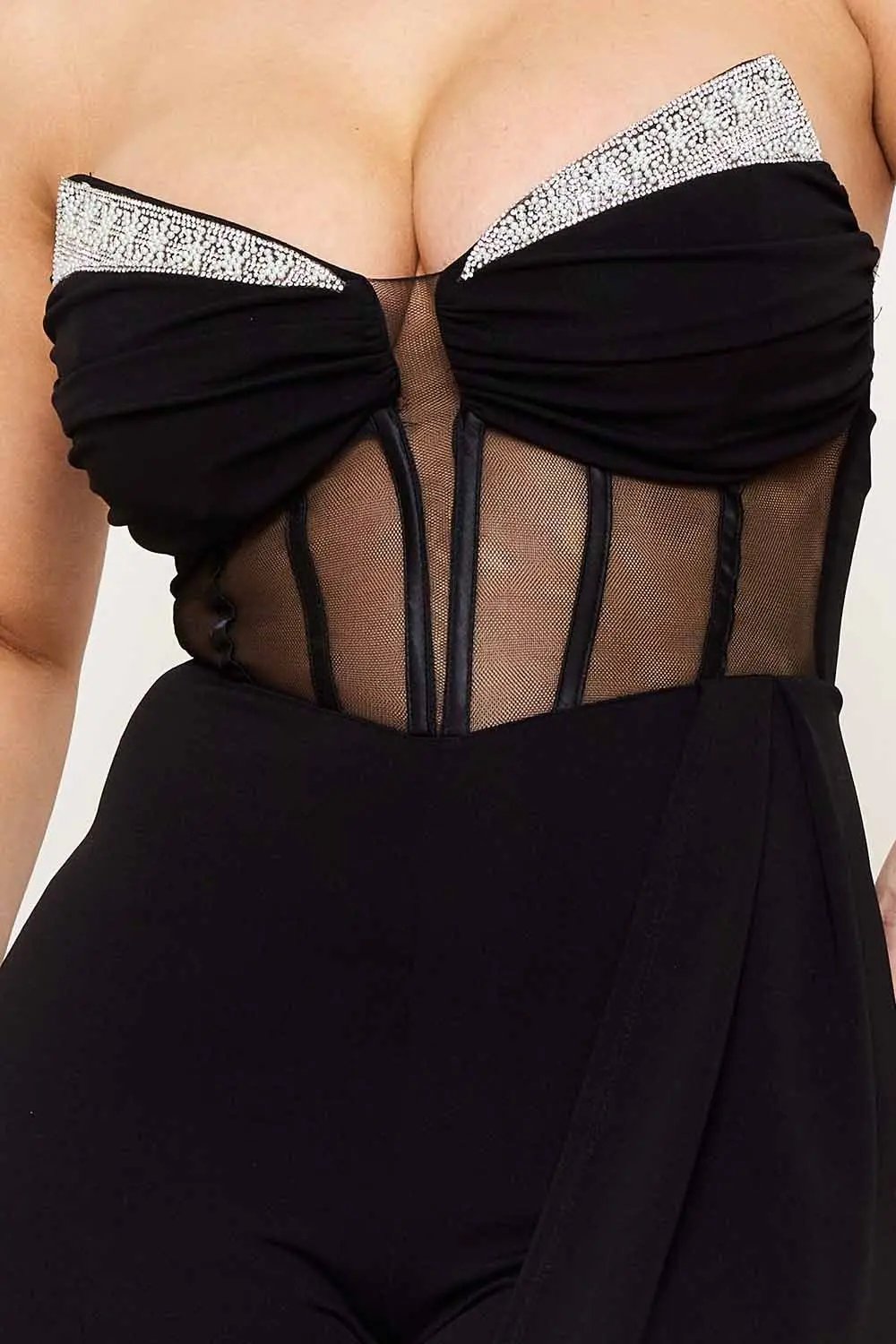 Rhinestone Bust Jumpsuit - Crezia Mesh Bustier Top With Bell Bottom BOUTINIE