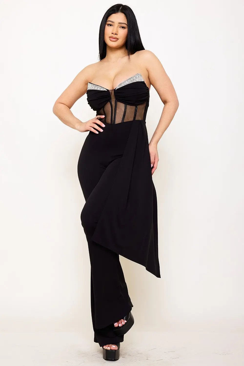 Rhinestone Bust Jumpsuit - Crezia Mesh Bustier Top With Bell Bottom BOUTINIE