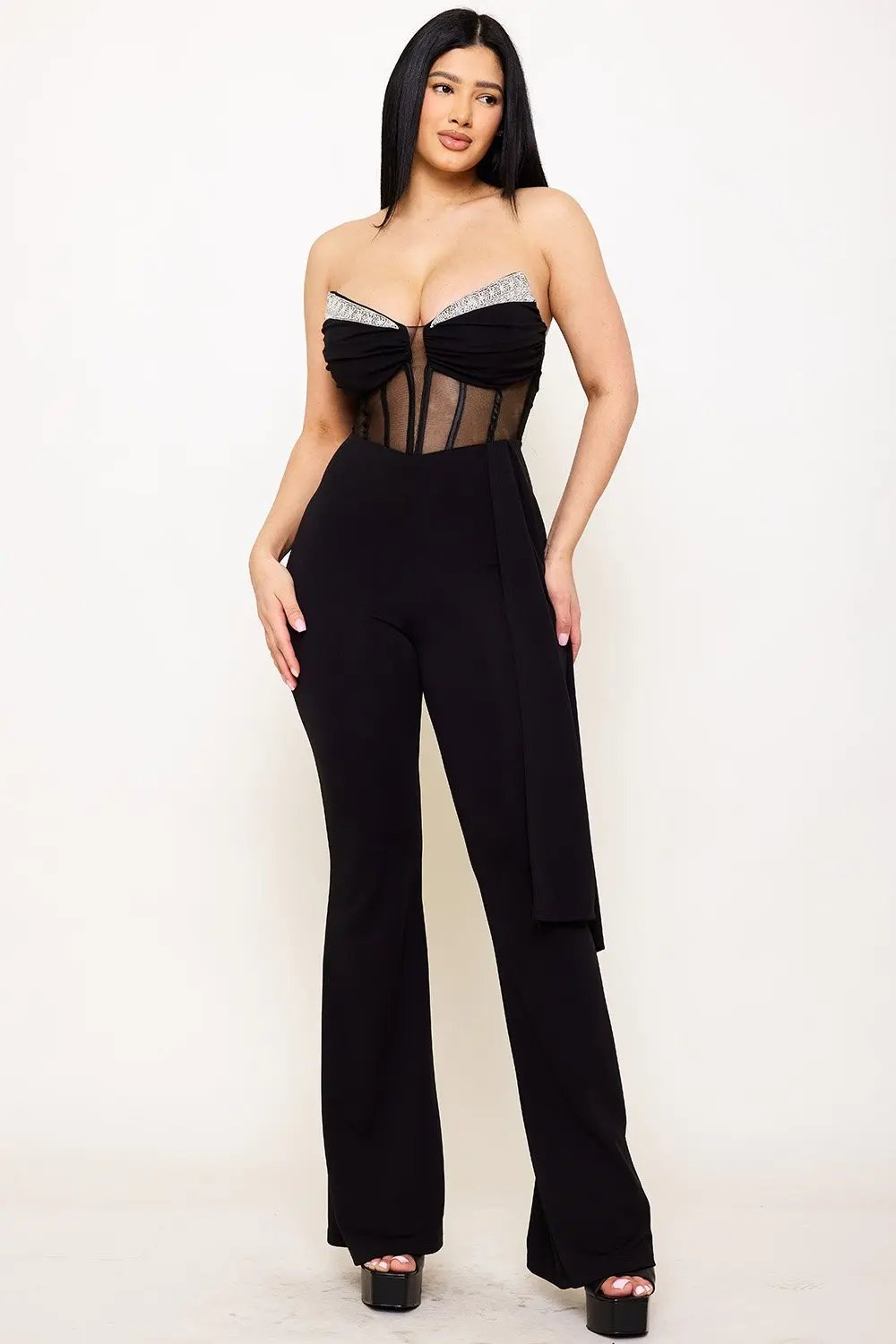 Rhinestone Bust Jumpsuit - Crezia Mesh Bustier Top With Bell Bottom BOUTINIE