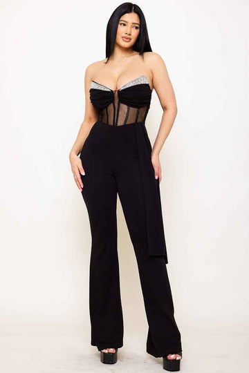 Rhinestone Trim Bust Crezia Jumpsuit – Black | Boutinie