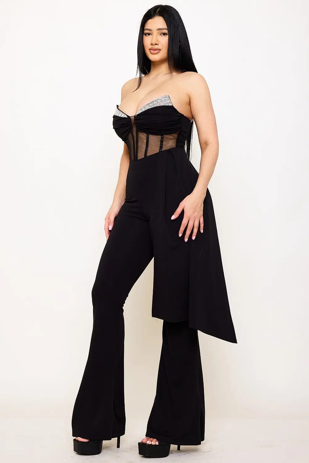 Rhinestone Bust Jumpsuit - Crezia Mesh Bustier Top With Bell Bottom BOUTINIE