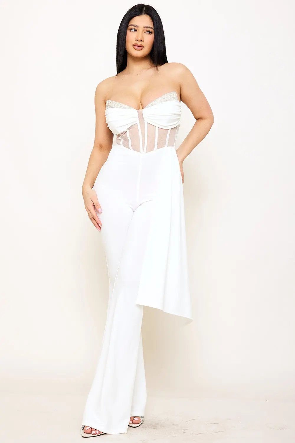 Rhinestone Bust Jumpsuit - Crezia Mesh Bustier Top With Bell Bottom BOUTINIE