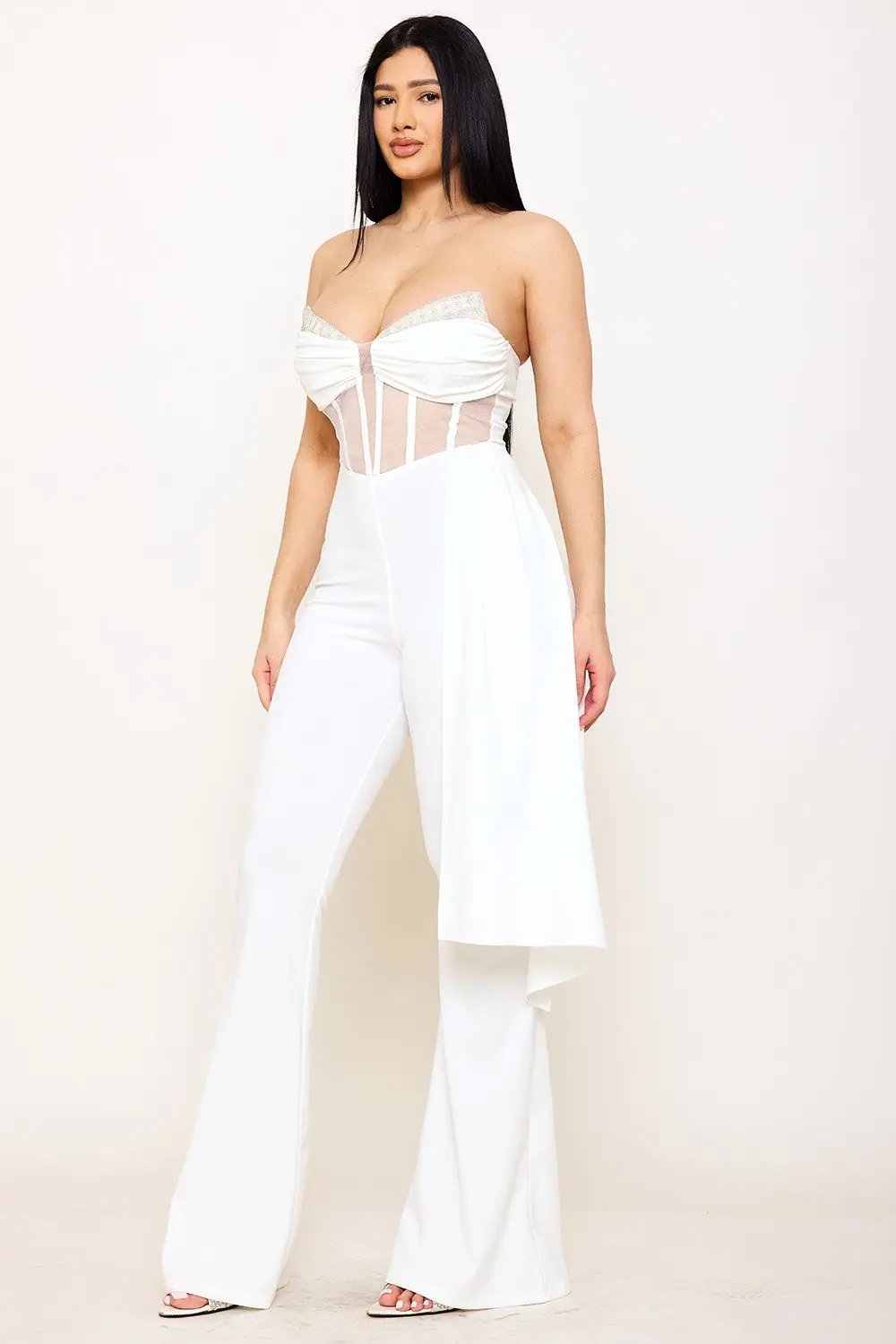Rhinestone Bust Jumpsuit - Crezia Mesh Bustier Top With Bell Bottom BOUTINIE