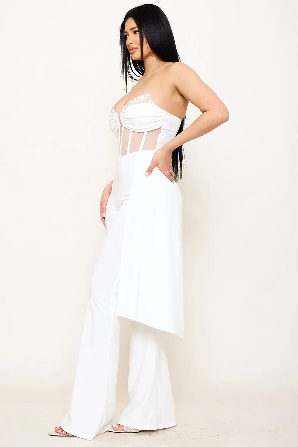 Rhinestone Bust Jumpsuit - Crezia Mesh Bustier Top With Bell Bottom BOUTINIE