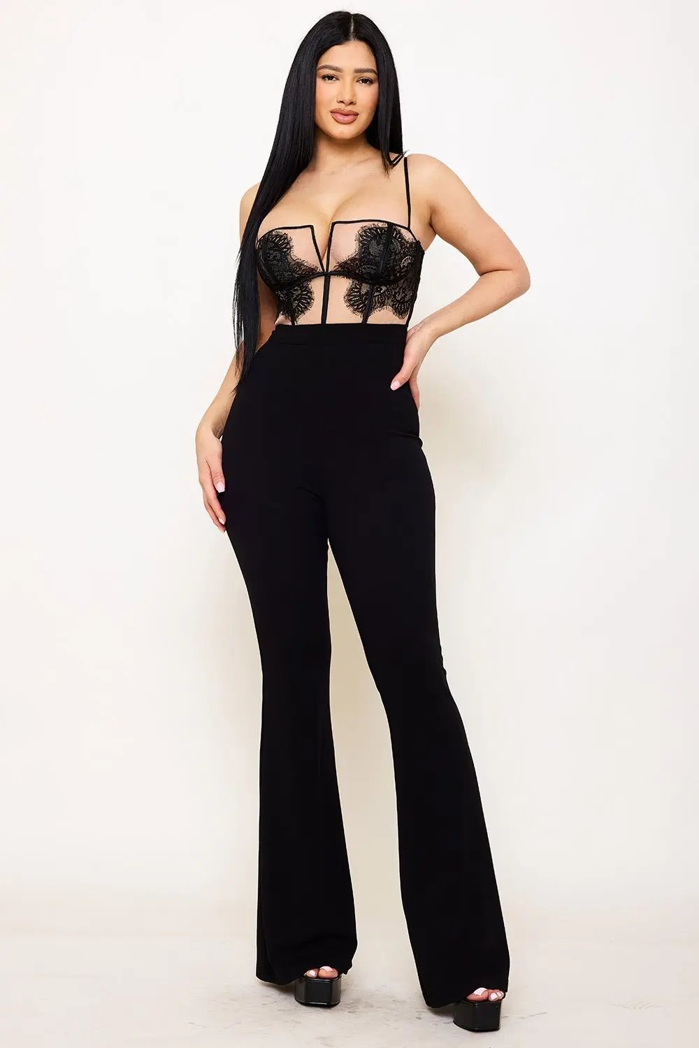 Corset Bodice Jumpsuit - Lace Mesh Panel With Adjustable Strap & V Cutout BOUTINIE