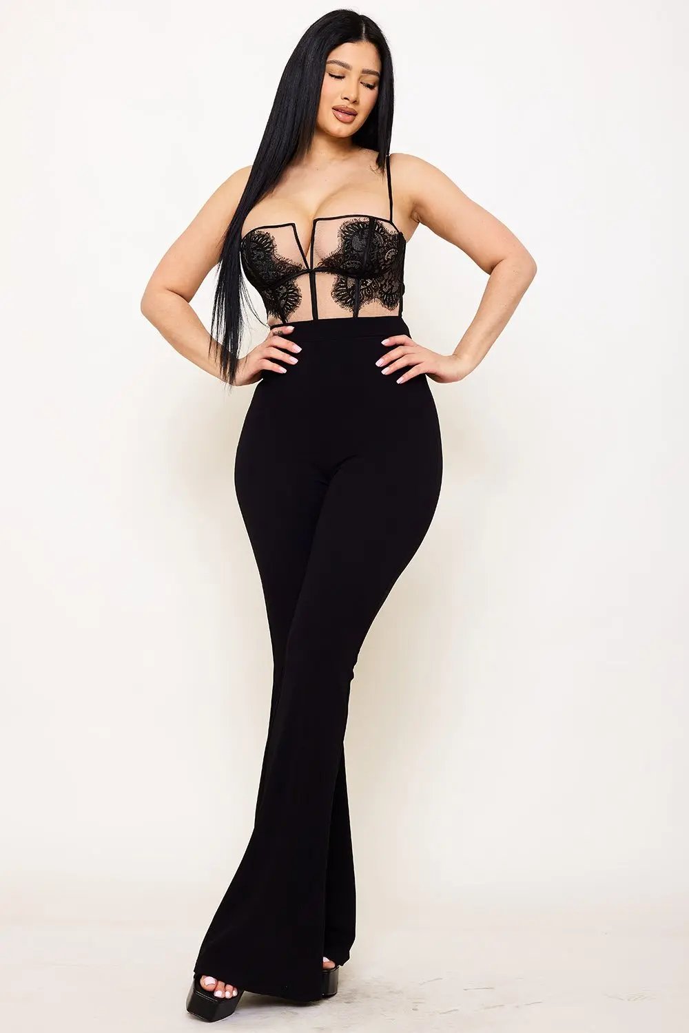 Corset Bodice Jumpsuit - Lace Mesh Panel With Adjustable Strap & V Cutout BOUTINIE