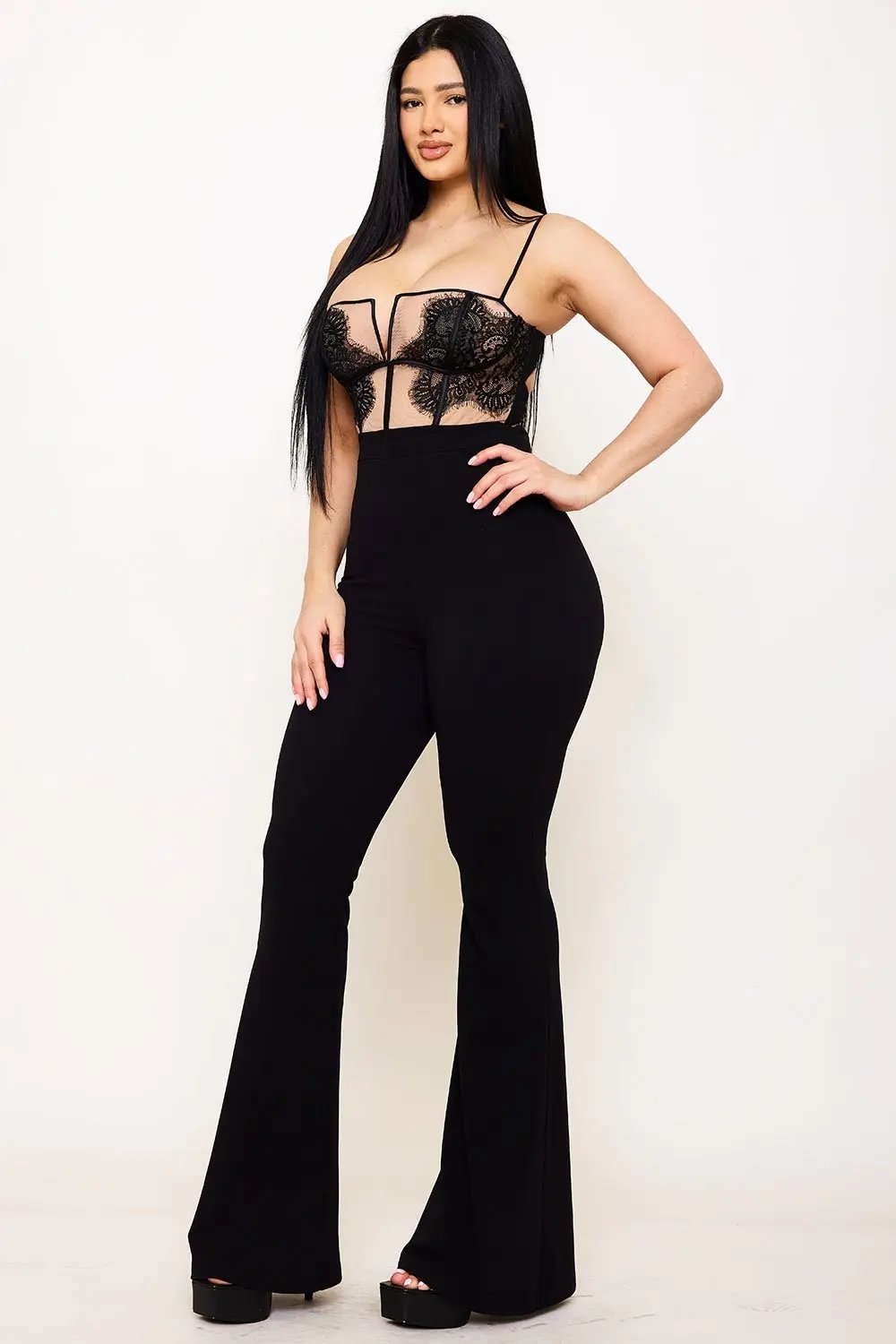 Corset Bodice Jumpsuit - Lace Mesh Panel With Adjustable Strap & V Cutout BOUTINIE