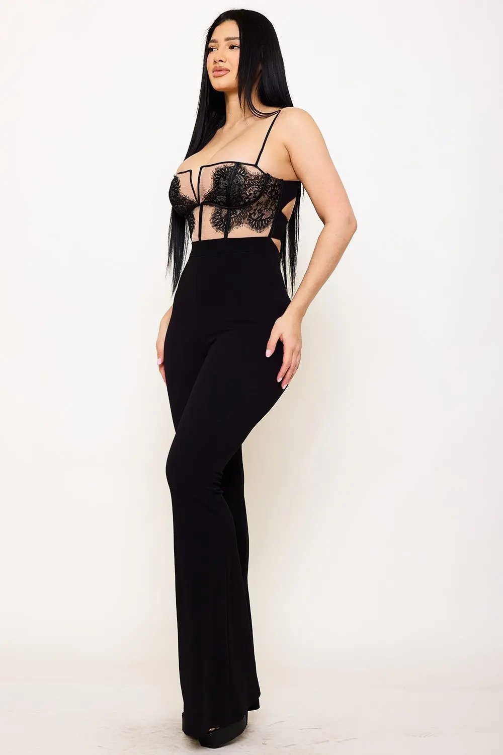 Corset Bodice Jumpsuit - Lace Mesh Panel With Adjustable Strap & V Cutout BOUTINIE