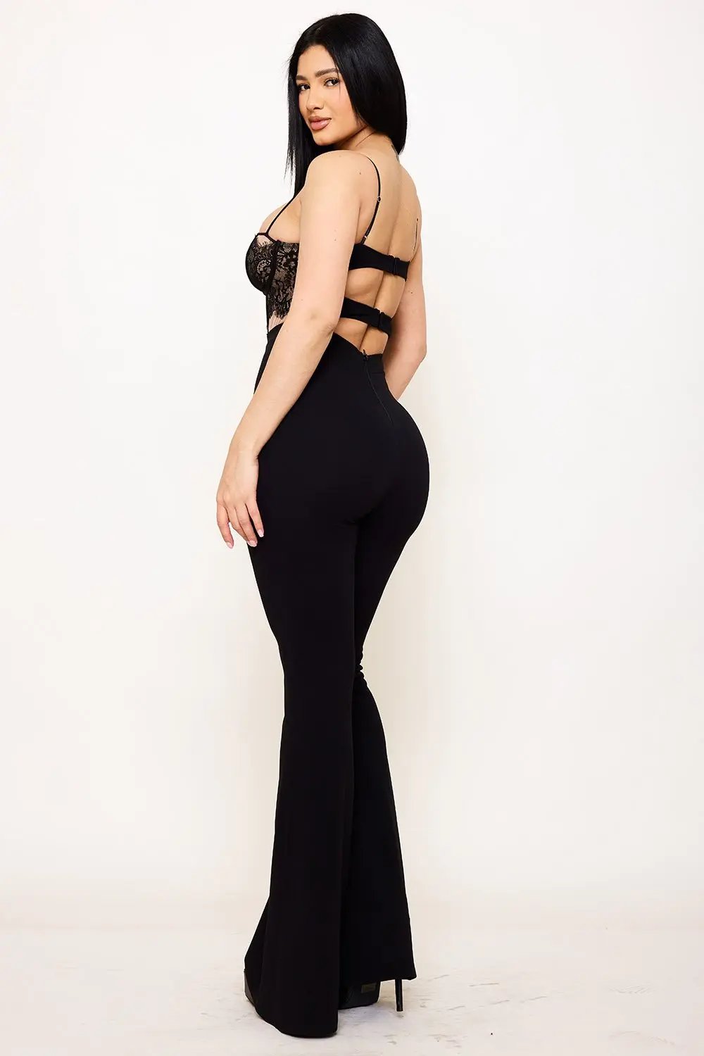 Corset Bodice Jumpsuit - Lace Mesh Panel With Adjustable Strap & V Cutout BOUTINIE
