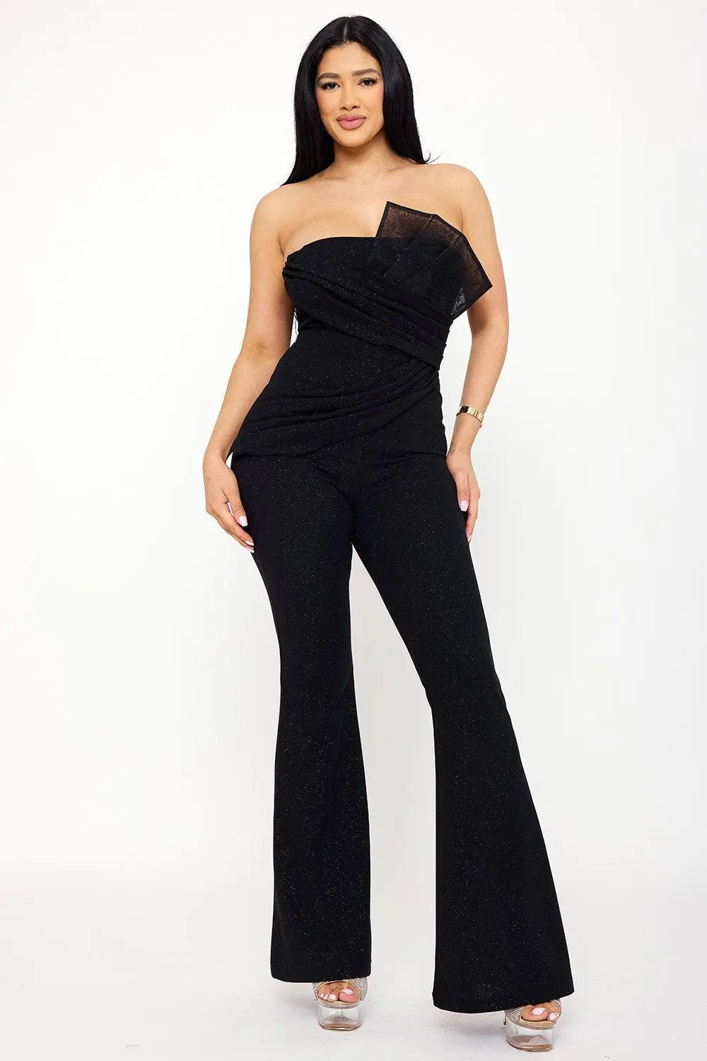 Glitter Mesh Jumpsuit – Pleated Bellbottom With Back Zipper Closure BOUTINIE