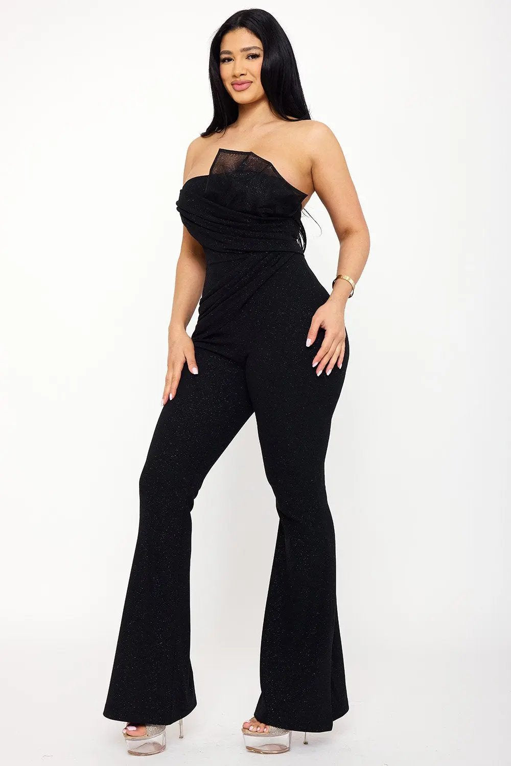 Glitter Mesh Jumpsuit – Pleated Bellbottom With Back Zipper Closure BOUTINIE