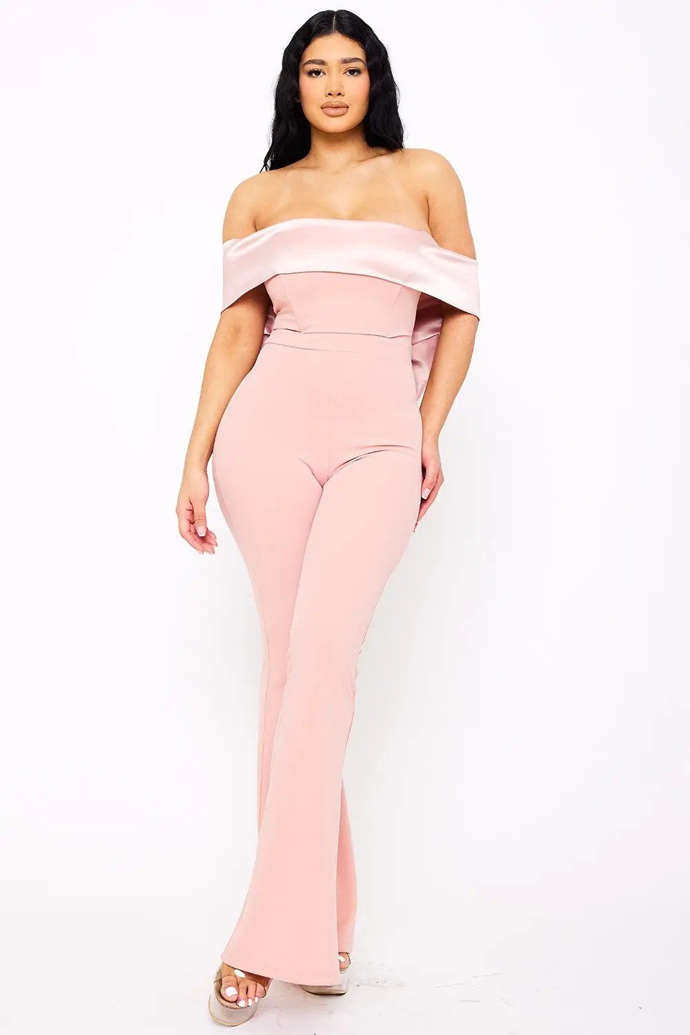 Satin Crepe Jumpsuit - Off Shoulder High Waist With Large Satin Bow BOUTINIE