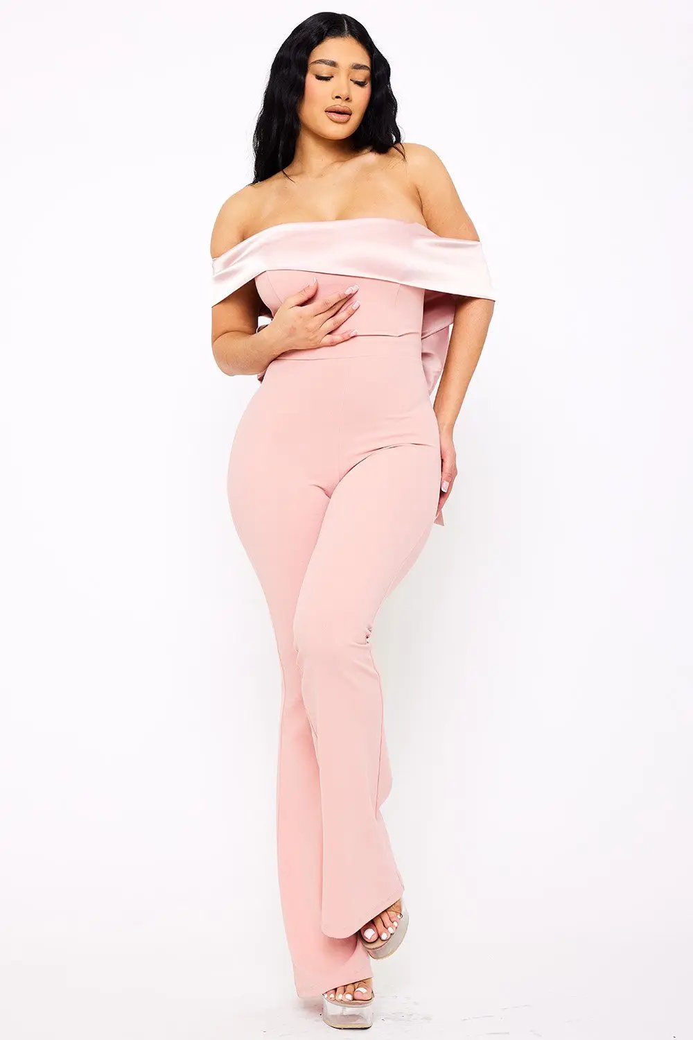 Satin Crepe Jumpsuit - Off Shoulder High Waist With Large Satin Bow BOUTINIE