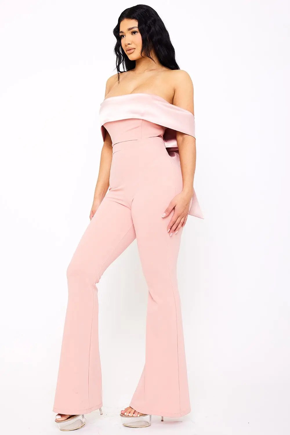 Satin Crepe Jumpsuit - Off Shoulder High Waist With Large Satin Bow BOUTINIE