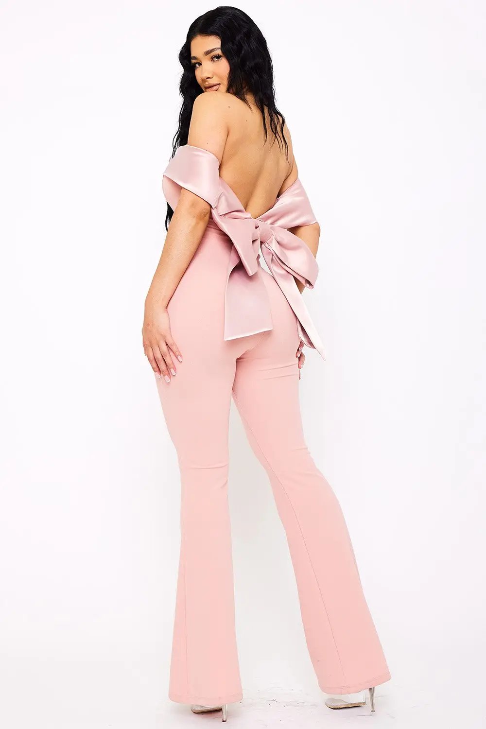 Satin Crepe Jumpsuit - Off Shoulder High Waist With Large Satin Bow BOUTINIE