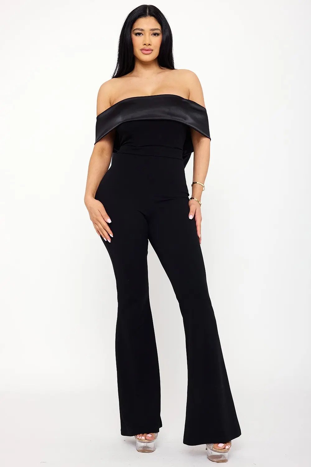 Satin Crepe Jumpsuit - Off Shoulder High Waist With Large Satin Bow BOUTINIE