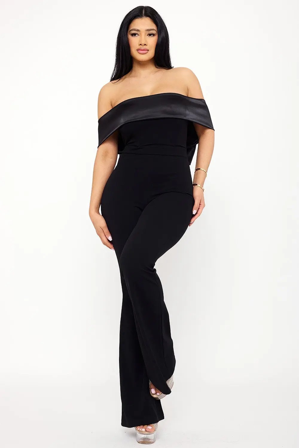 Satin Crepe Jumpsuit - Off Shoulder High Waist With Large Satin Bow BOUTINIE