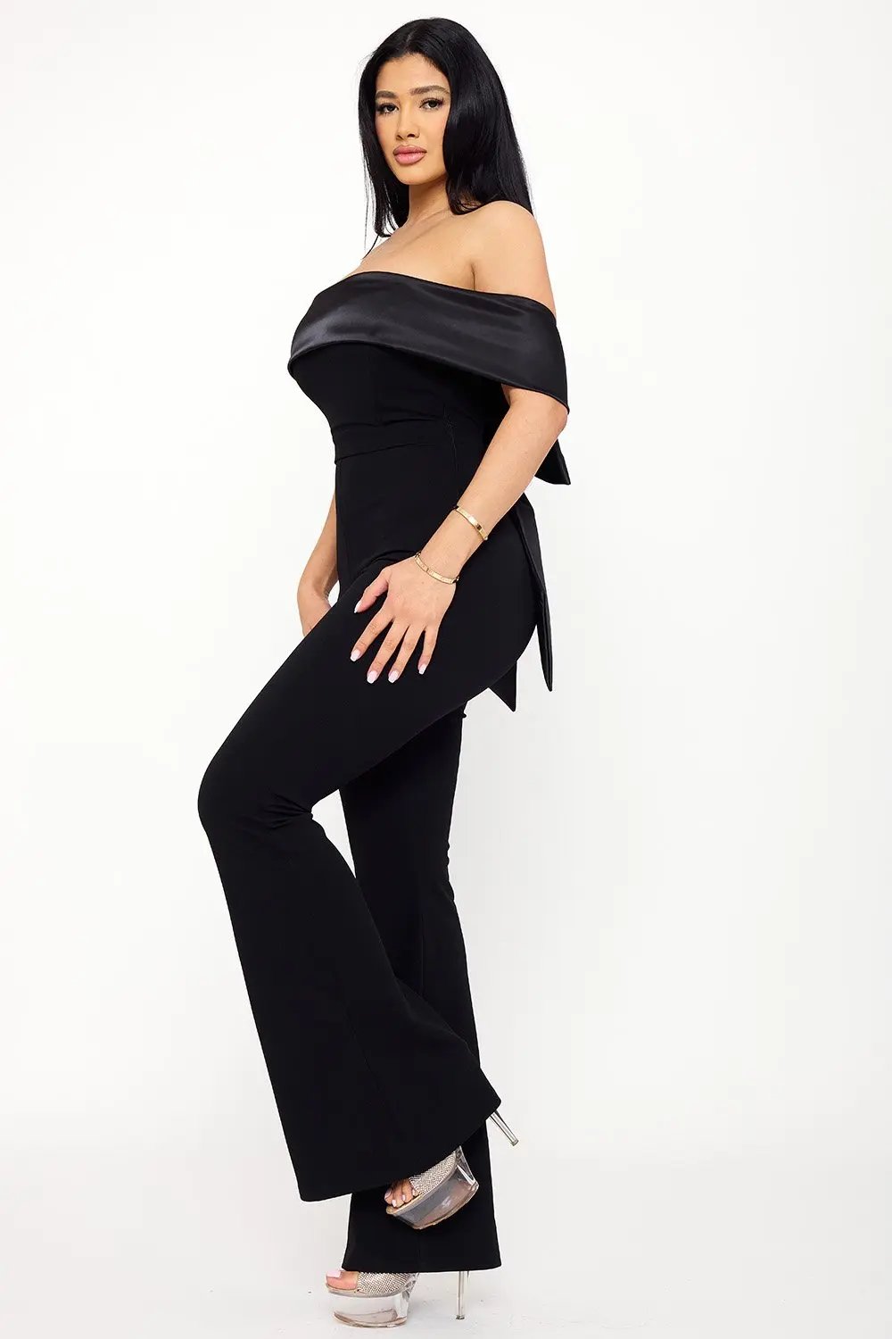 Satin Crepe Jumpsuit - Off Shoulder High Waist With Large Satin Bow BOUTINIE