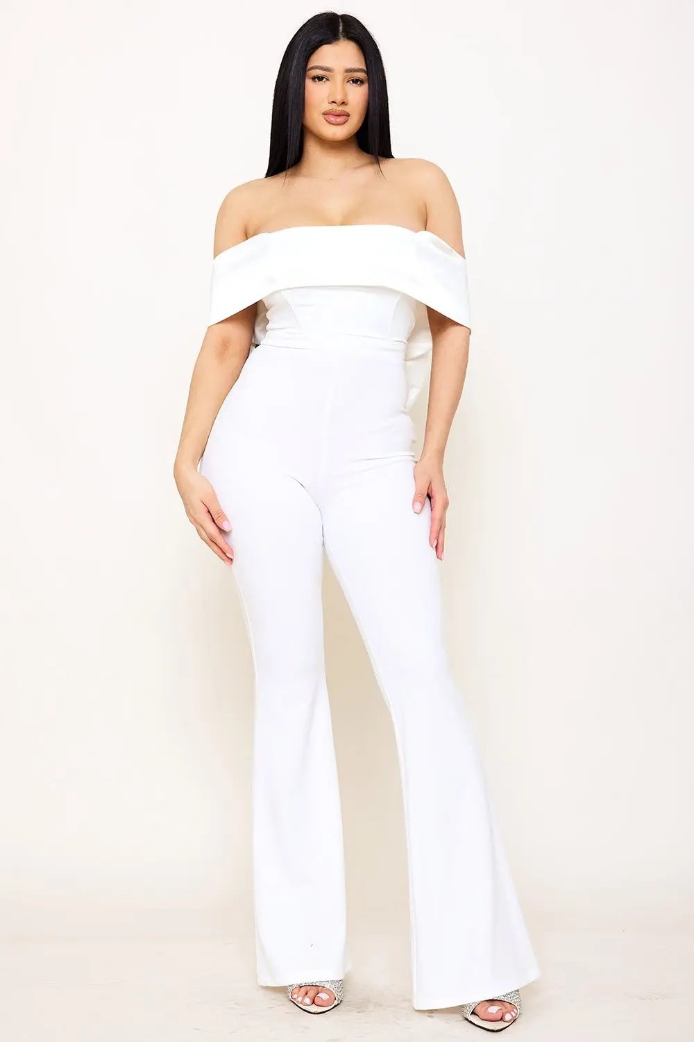 Satin Crepe Jumpsuit - Off Shoulder High Waist With Large Satin Bow BOUTINIE