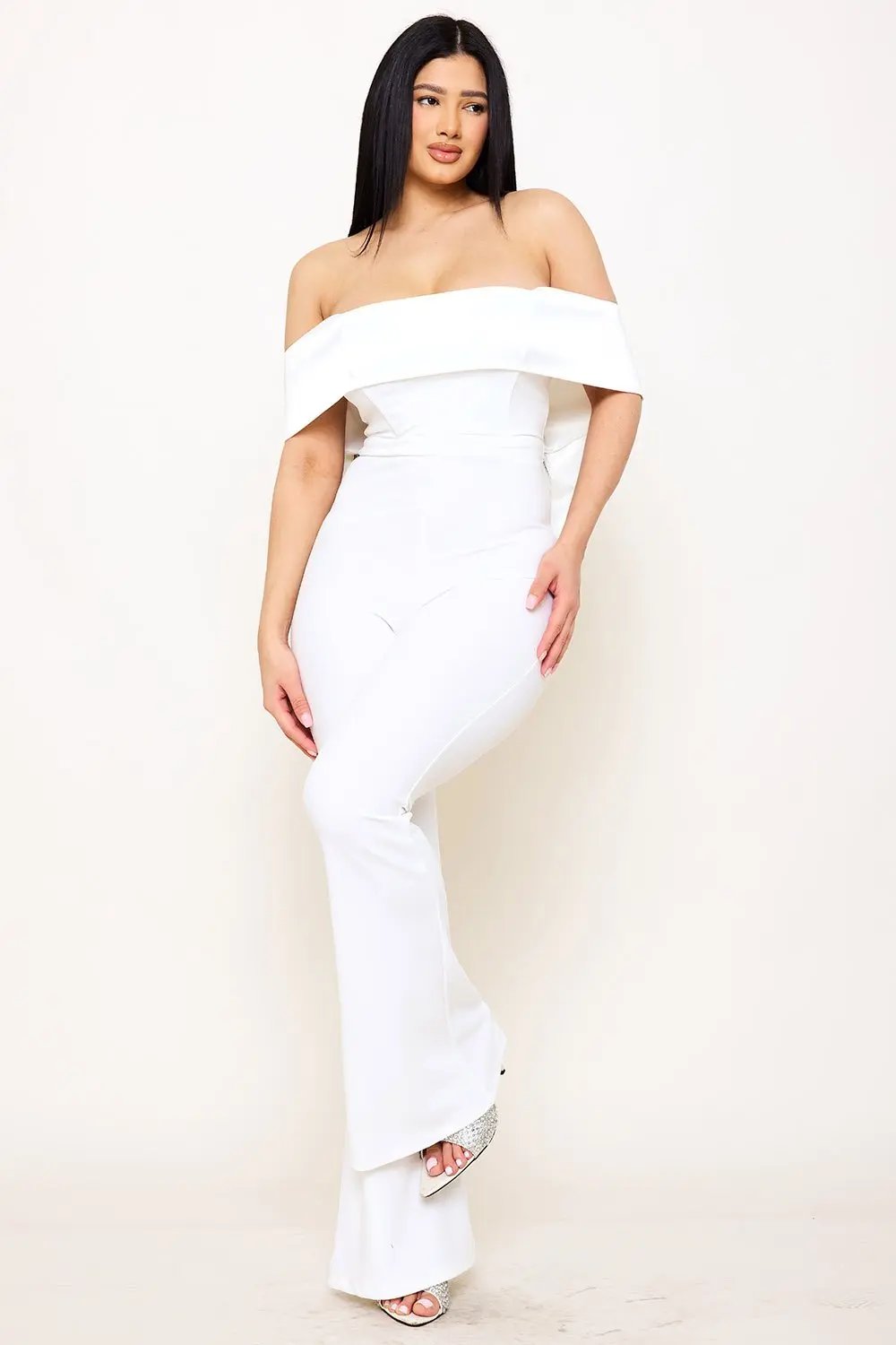 Satin Crepe Jumpsuit - Off Shoulder High Waist With Large Satin Bow BOUTINIE