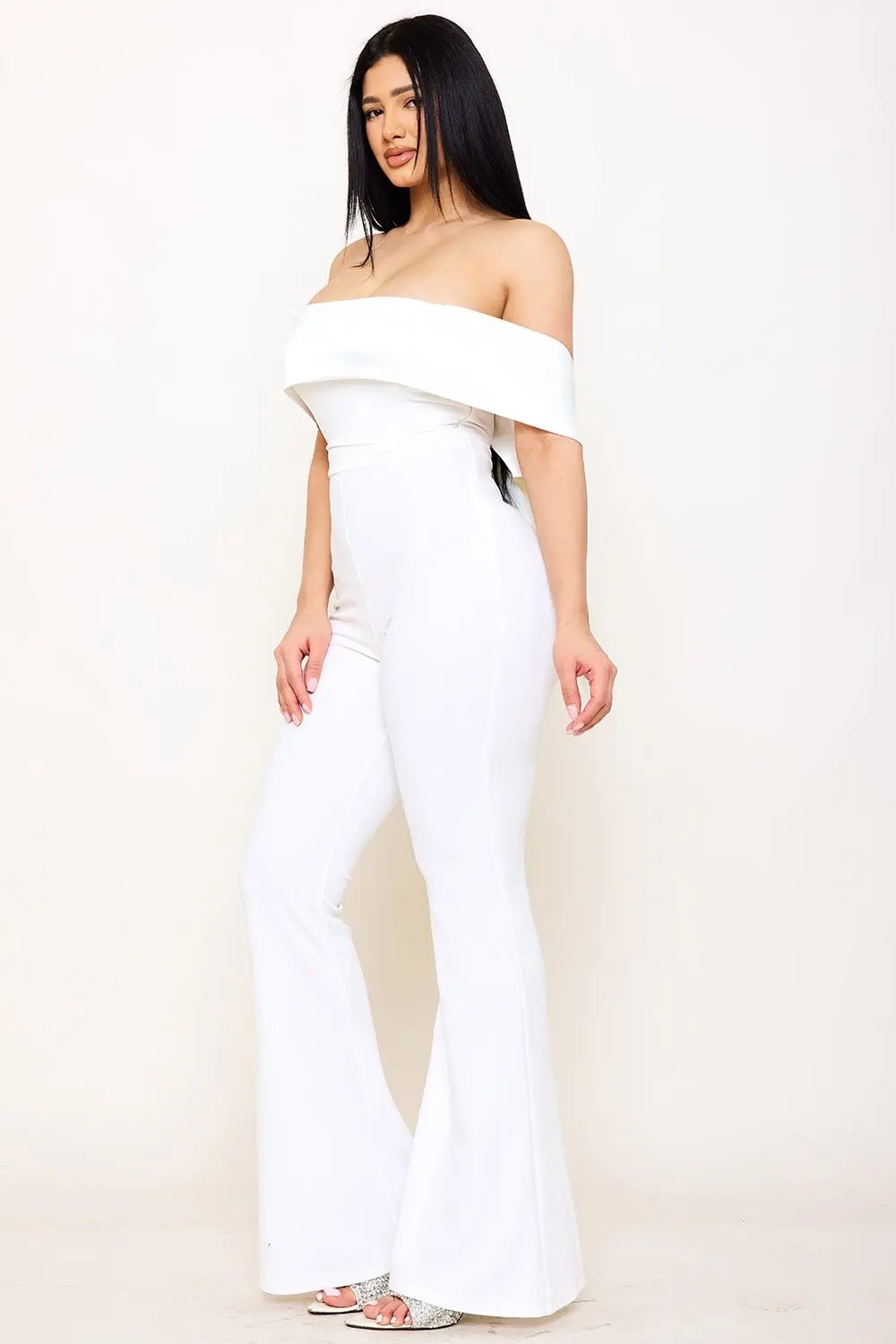 Satin Crepe Jumpsuit - Off Shoulder High Waist With Large Satin Bow BOUTINIE