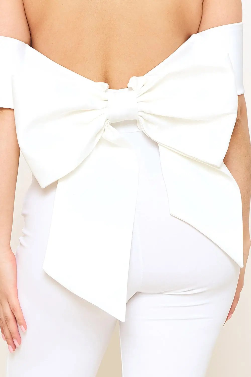 Satin Crepe Jumpsuit - Off Shoulder High Waist With Large Satin Bow BOUTINIE