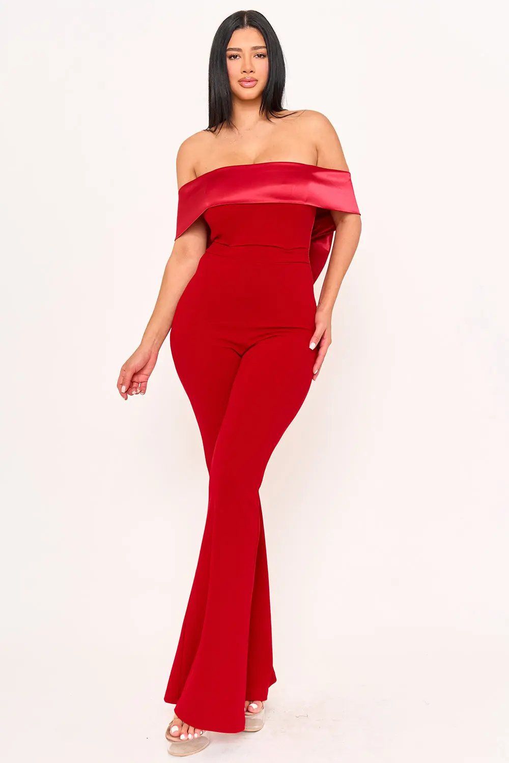 Satin Crepe Jumpsuit - Off Shoulder High Waist With Large Satin Bow BOUTINIE