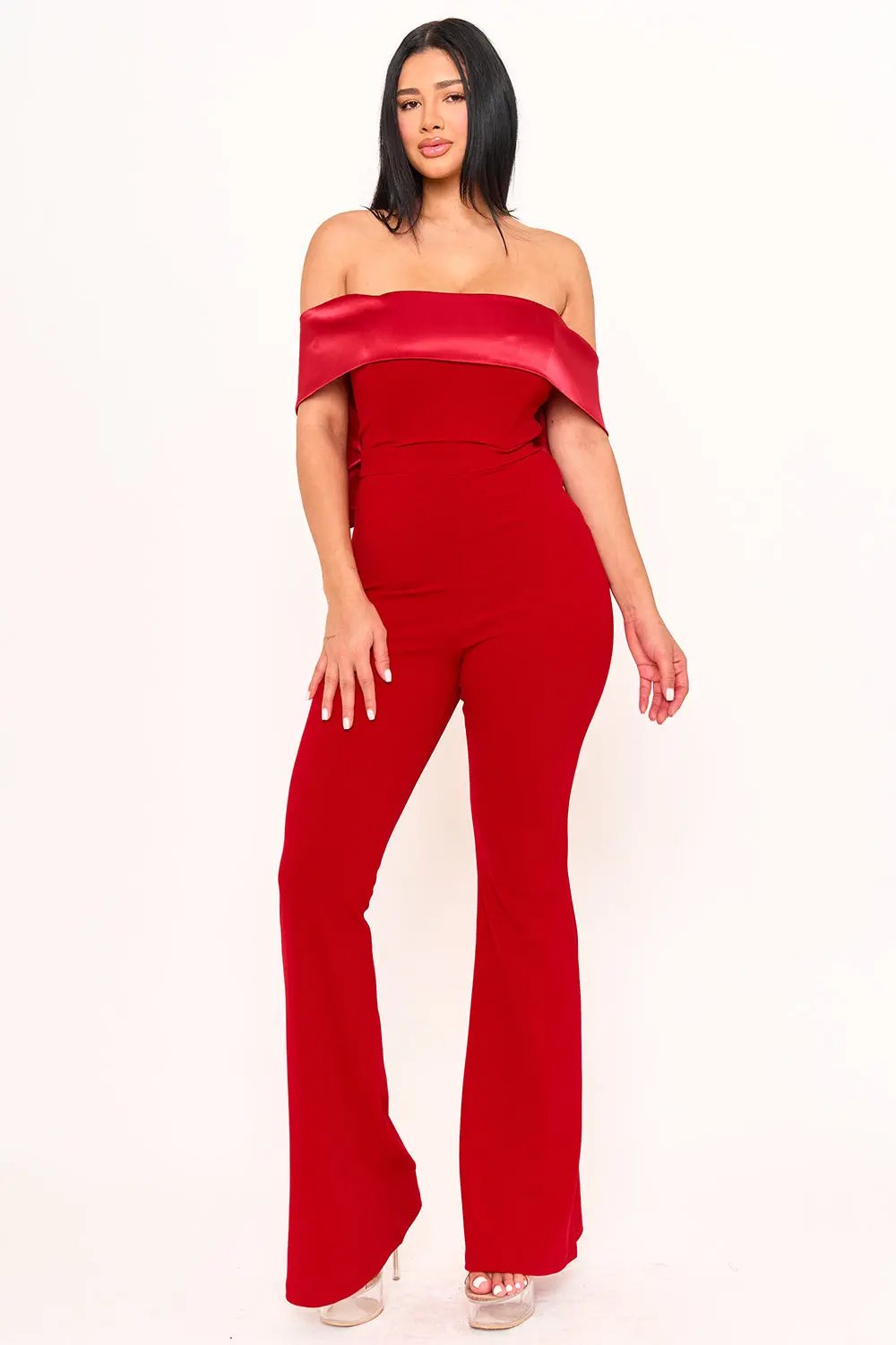 Satin Crepe Jumpsuit - Off Shoulder High Waist With Large Satin Bow BOUTINIE