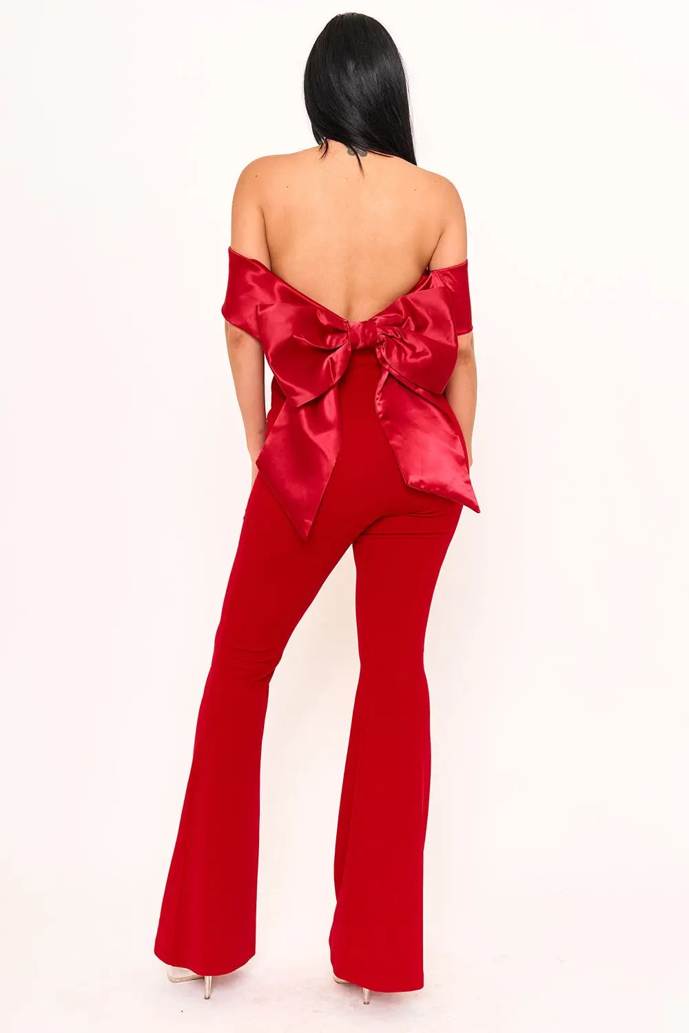 Satin Crepe Jumpsuit - Off Shoulder High Waist With Large Satin Bow BOUTINIE