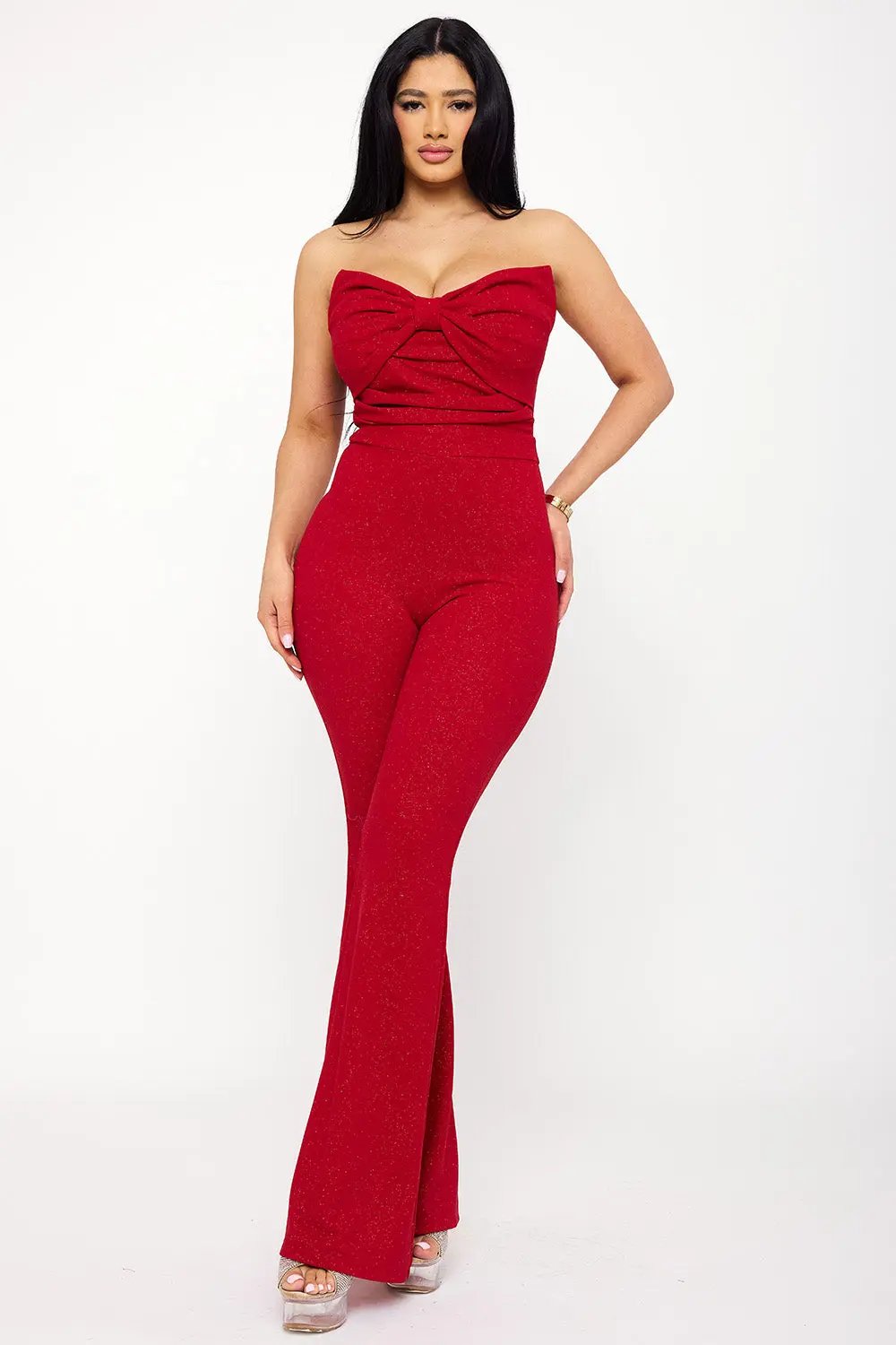 Glitter Bow Jumpsuit – Sleeveless High Waist Pleated Bellbottom BOUTINIE