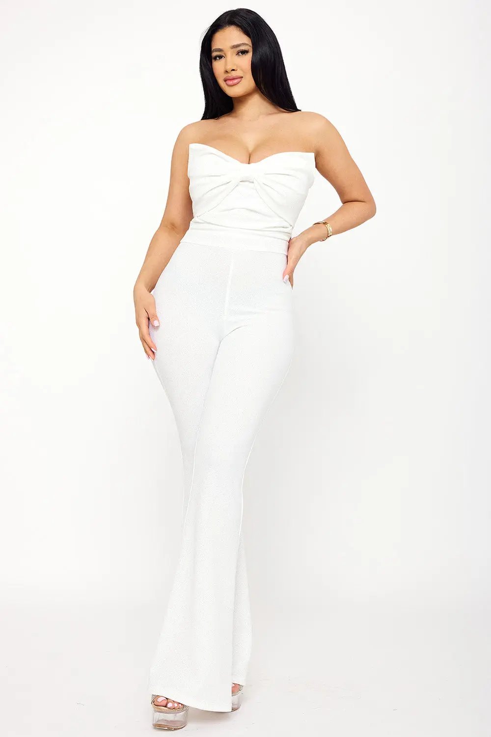 Glitter Bow Jumpsuit – Sleeveless High Waist Pleated Bellbottom BOUTINIE
