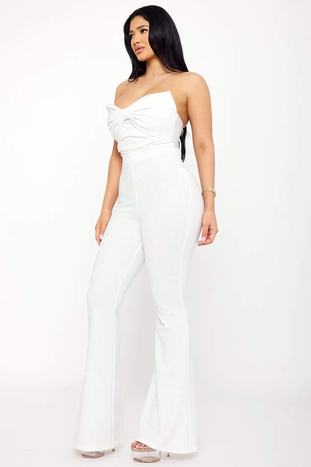 Glitter Bow Jumpsuit – Sleeveless High Waist Pleated Bellbottom BOUTINIE