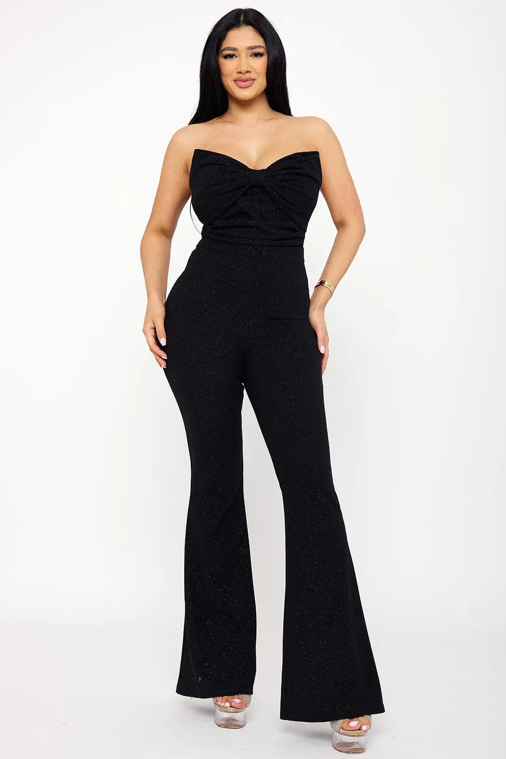 Glitter Bow Jumpsuit – Sleeveless High Waist Pleated Bellbottom BOUTINIE