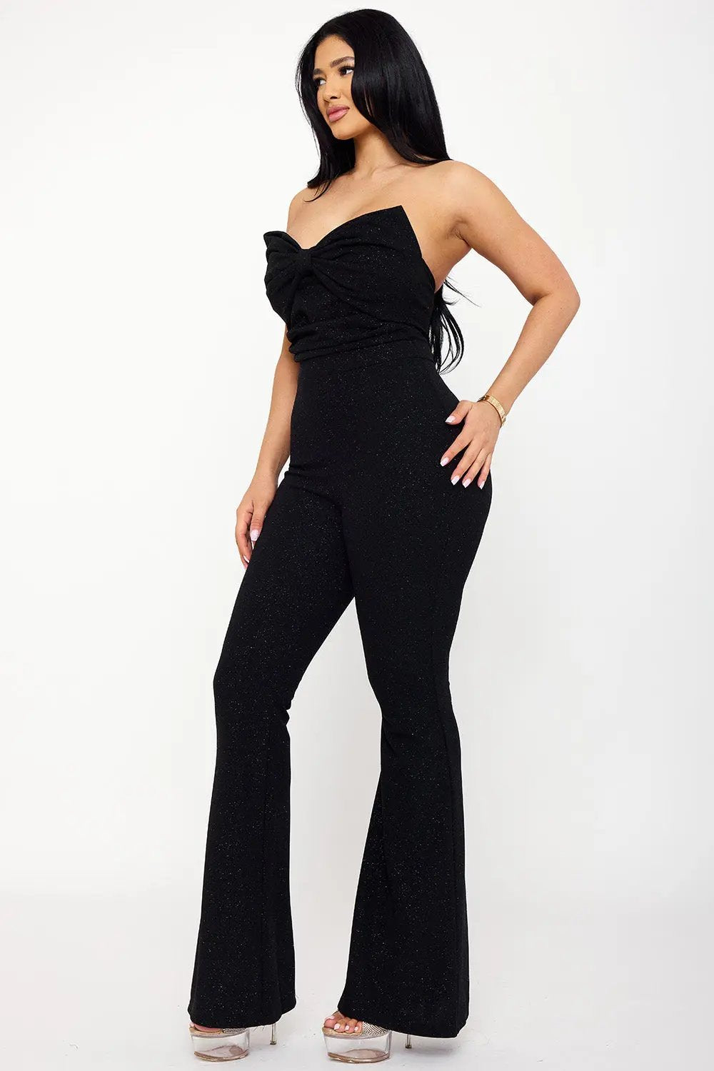 Glitter Bow Jumpsuit – Sleeveless High Waist Pleated Bellbottom BOUTINIE
