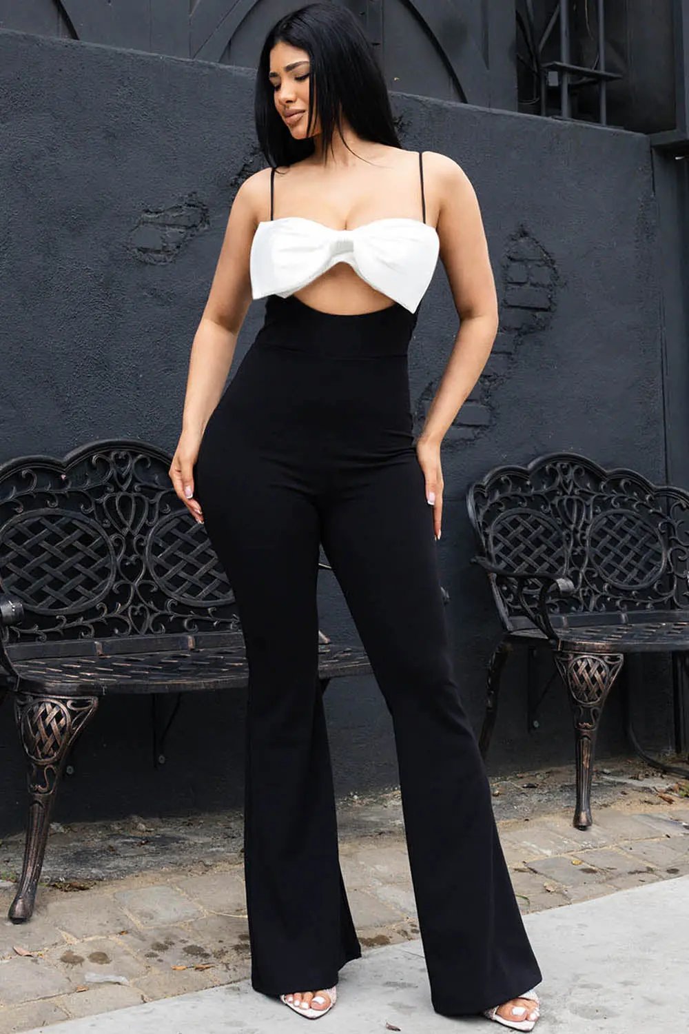 Color Contrast Jumpsuit - Bow Bust, High Waist, Bell Bottom BOUTINIE