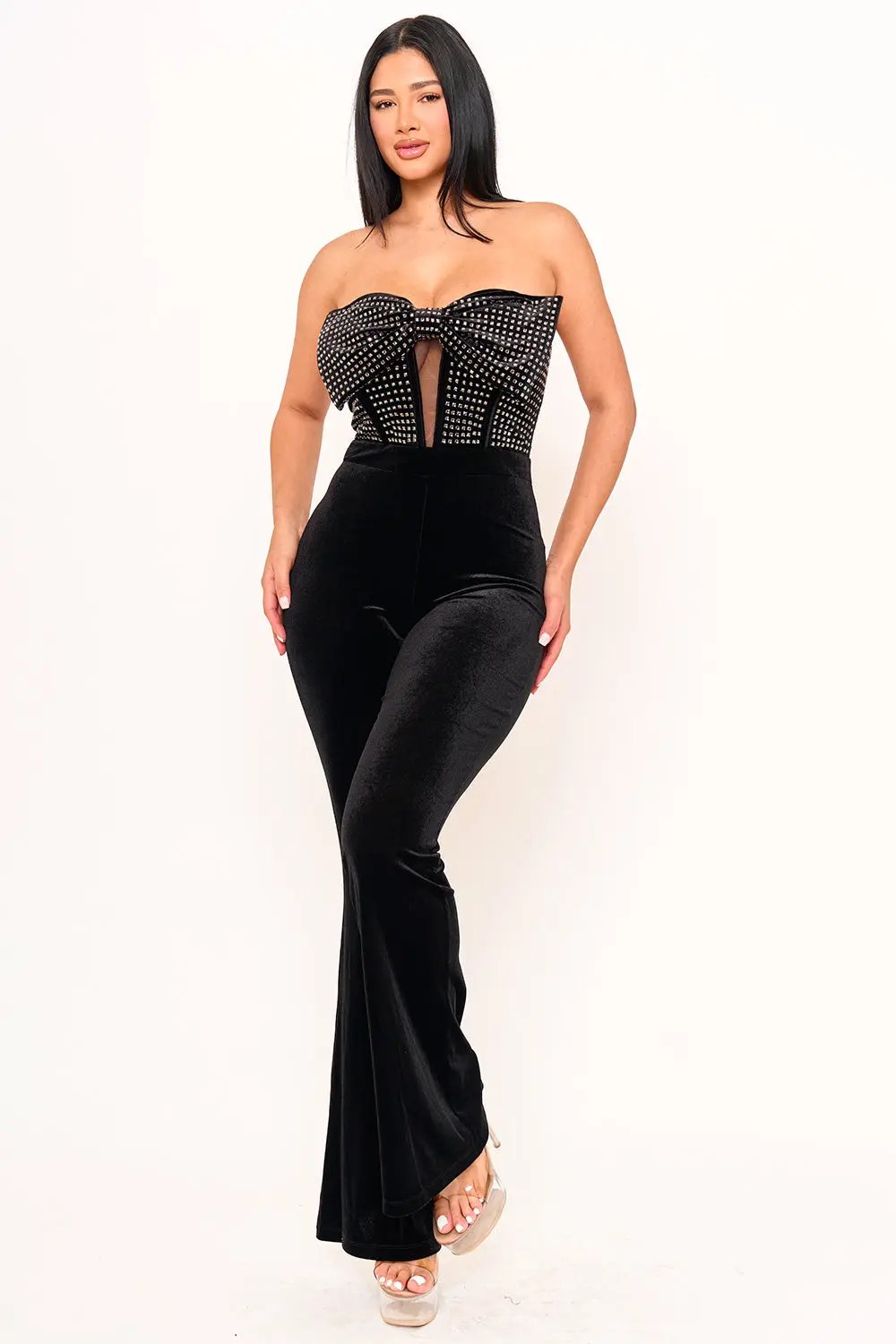 Velvet Jumpsuit With Rhinestone Top & Bow Bust Detail - High Waist Tube Top BOUTINIE