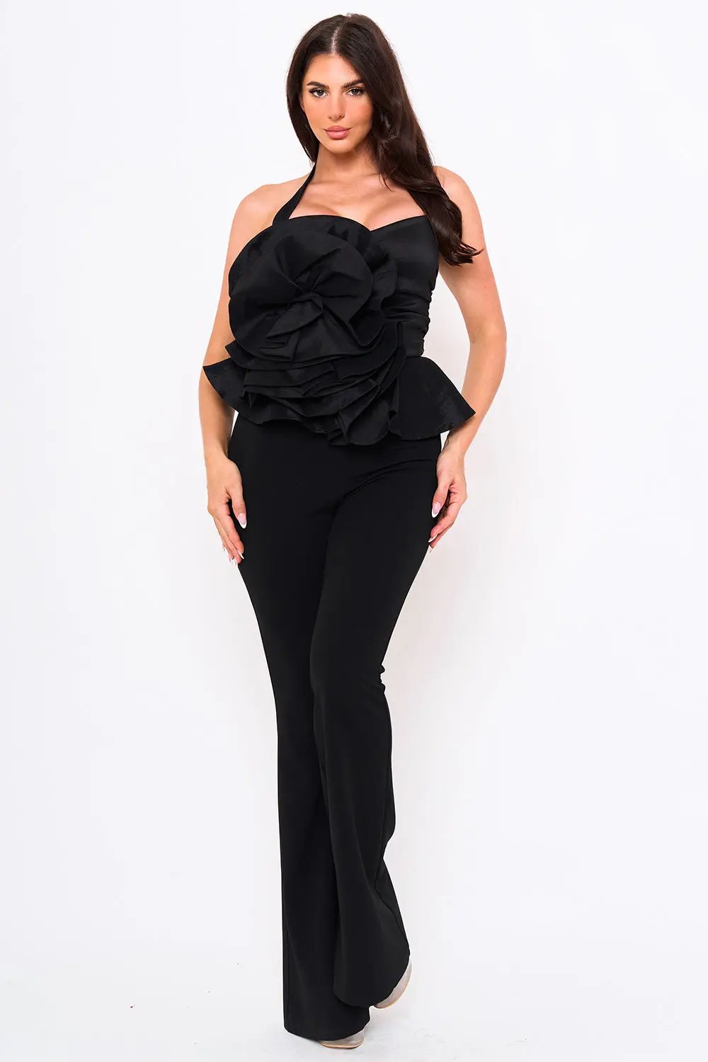 Fabric Rose Jumpsuit - Halter Neck With Bell Bottom & Button Closure BOUTINIE