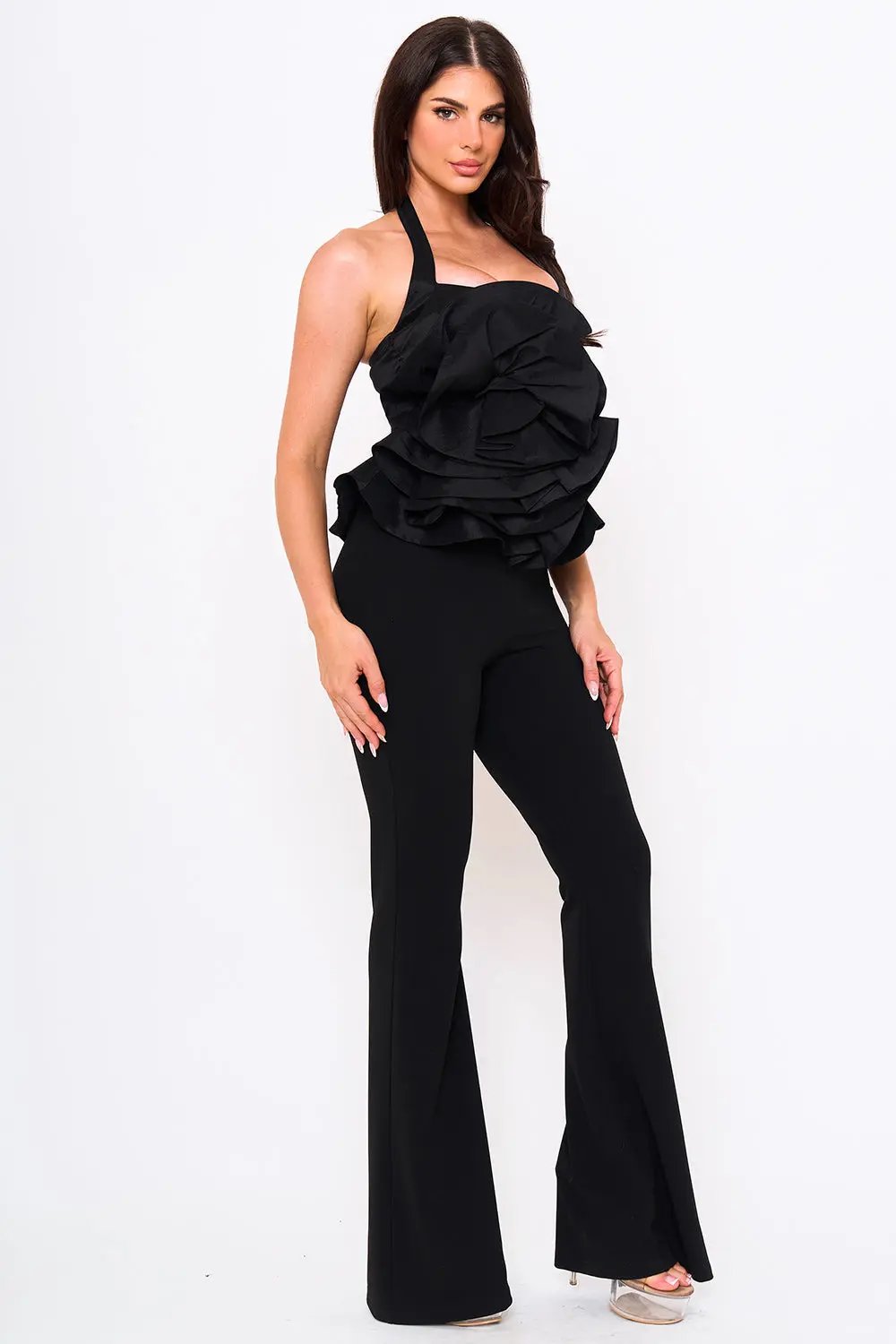 Fabric Rose Jumpsuit - Halter Neck With Bell Bottom & Button Closure BOUTINIE