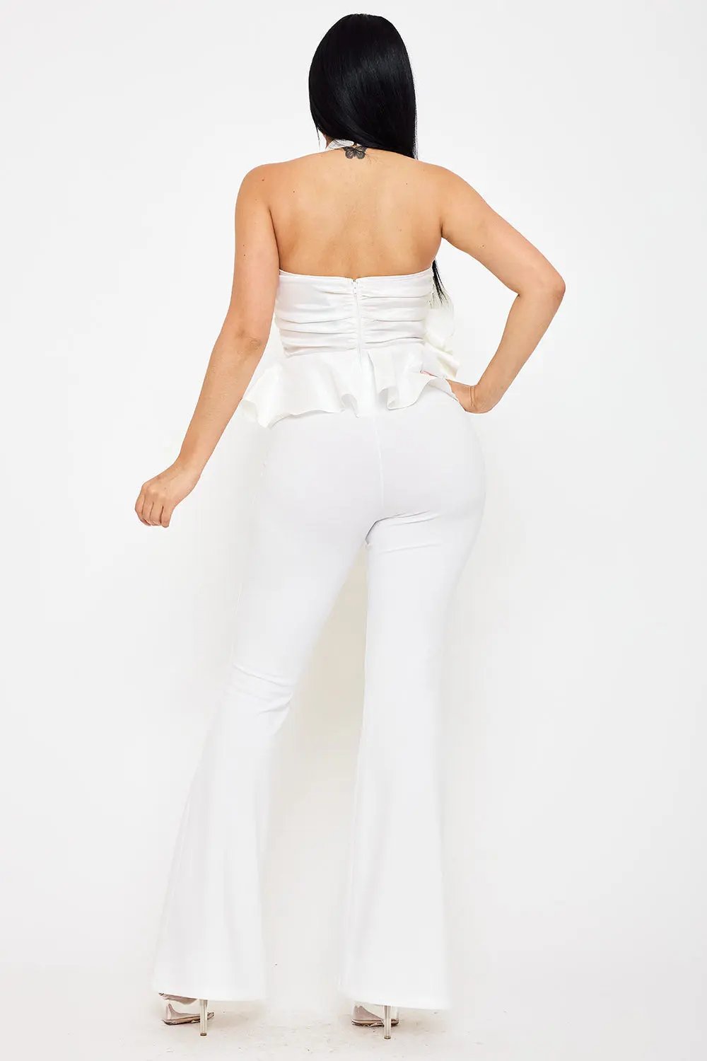 Fabric Rose Jumpsuit - Halter Neck With Bell Bottom & Button Closure BOUTINIE