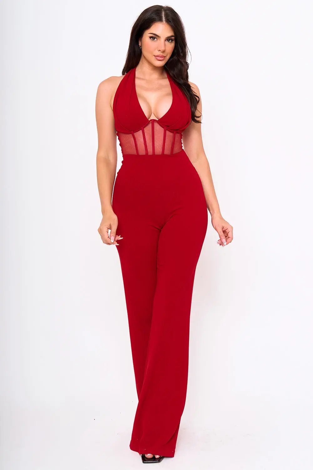 Halter Neck Jumpsuit - Pleated Bust, Structured Waist, Bell Bottom BOUTINIE