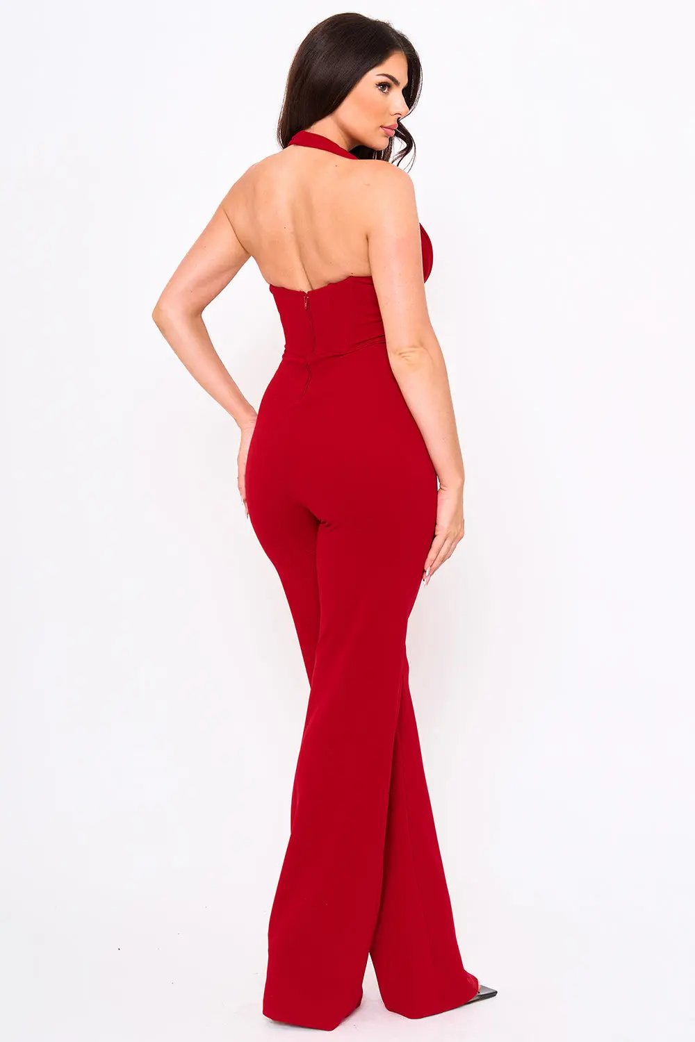 Halter Neck Jumpsuit - Pleated Bust, Structured Waist, Bell Bottom BOUTINIE