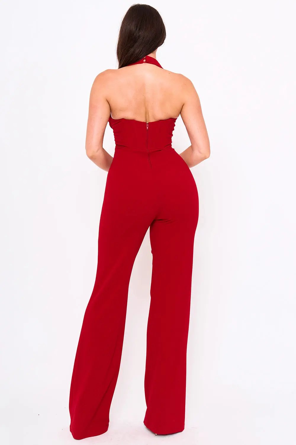 Halter Neck Jumpsuit - Pleated Bust, Structured Waist, Bell Bottom BOUTINIE