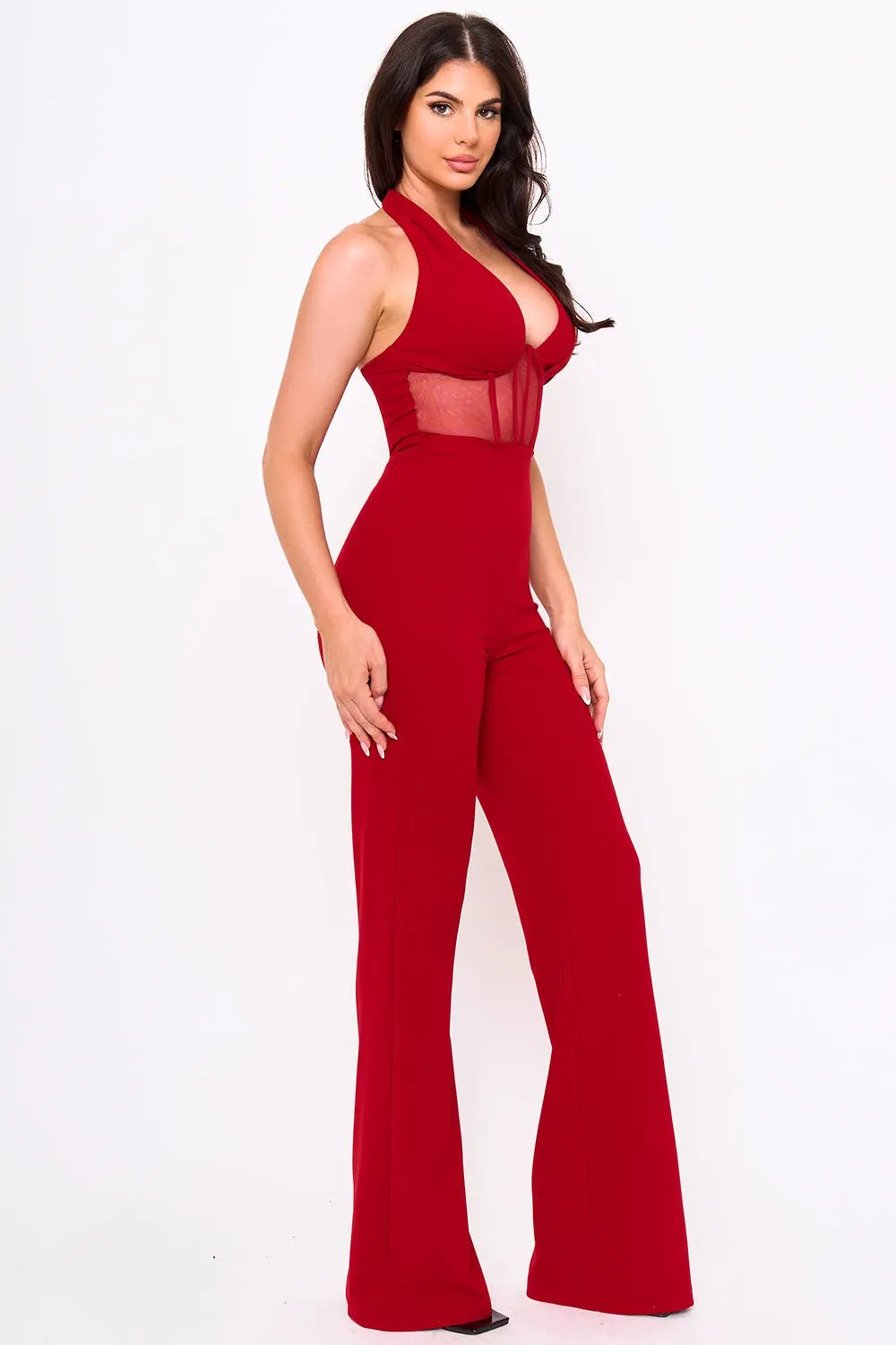 Halter Neck Jumpsuit - Pleated Bust, Structured Waist, Bell Bottom BOUTINIE
