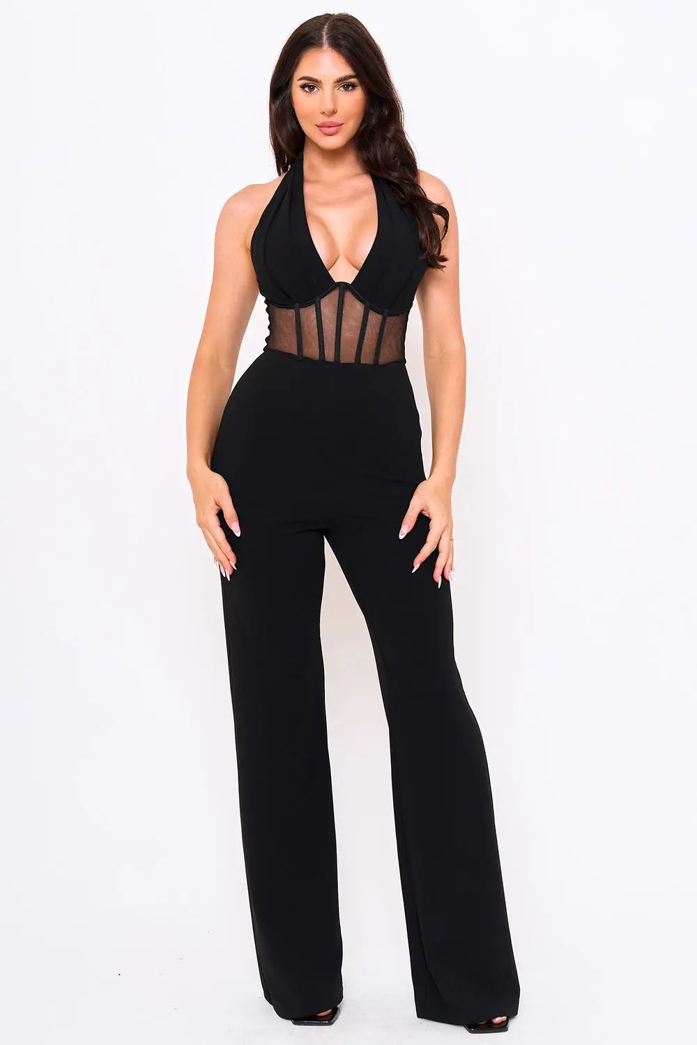 Halter Neck Jumpsuit - Pleated Bust, Structured Waist, Bell Bottom BOUTINIE
